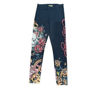 Ed Hardy Black Leggings with Skull and Floral Design Size Small